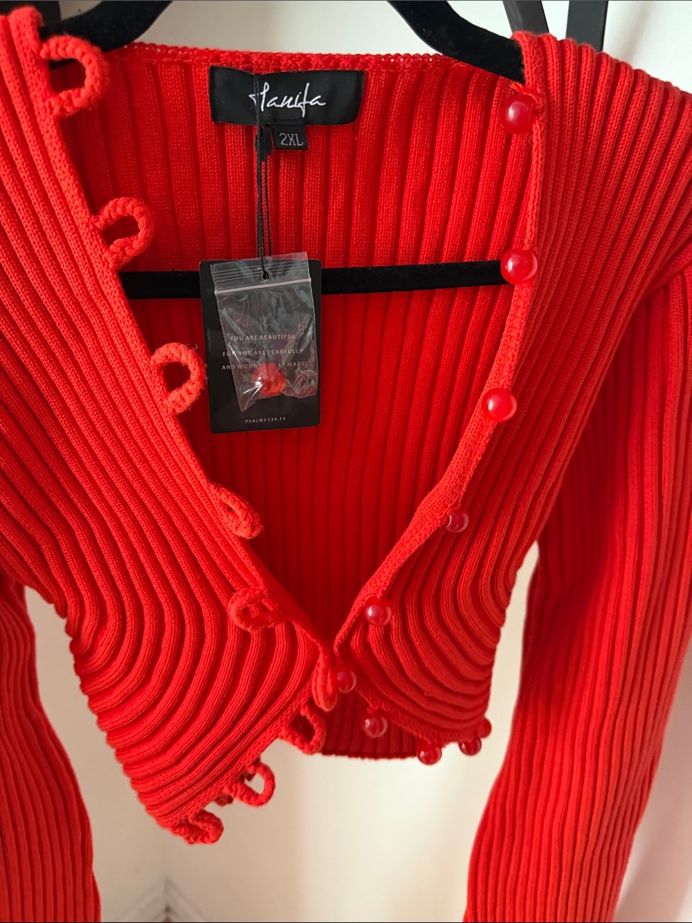 HANIFA Red Ribbed Cropped Cardigan with Loop-Button Trim - Picture 3 of 6